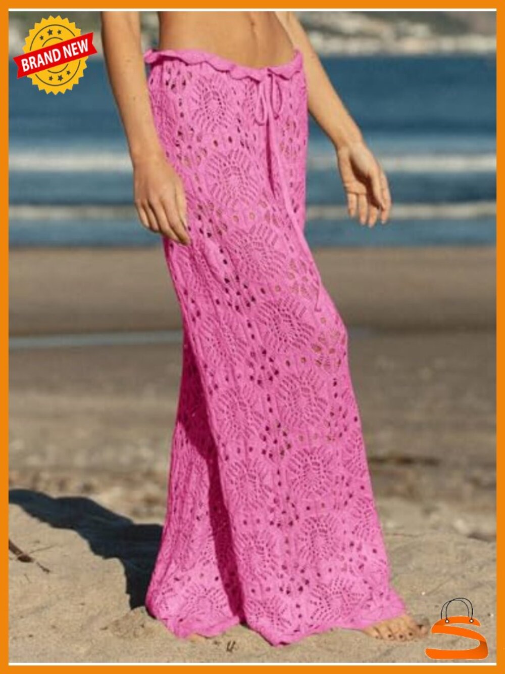 Crochet High Waisted Beach Cover Up Pants Mesh Knit Sheer Swim Coverup - Picture 3 of 6